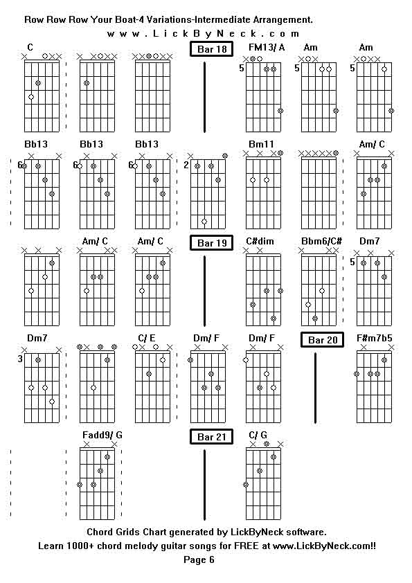 Chord Grids Chart of chord melody fingerstyle guitar song-Row Row Row Your Boat-4 Variations-Intermediate Arrangement,generated by LickByNeck software.